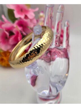 Gold Tone Hammered Bangle Bracelet Wide Dome Cuff 8 In Statement Bracelet